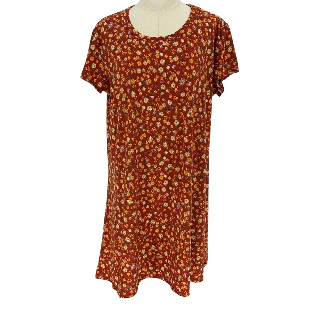 Rue+ T-Shirt Dress Rust Red Ditsy Floral Short Sleeve Shift 1X